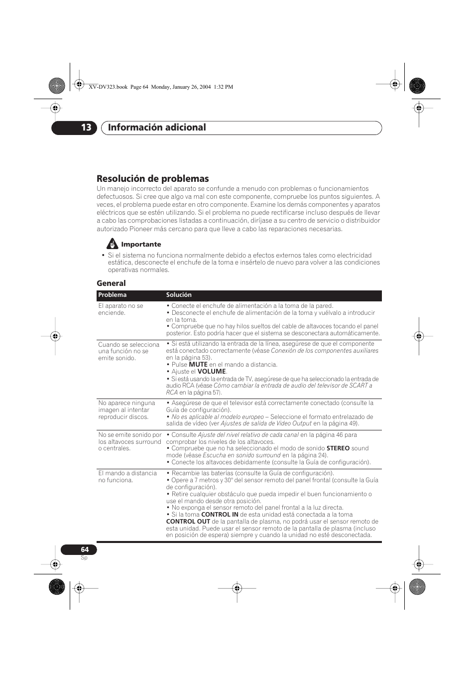 Resolución de problemas, General, Información adicional 13 | Pioneer DCS-424 User Manual | Page 64 / 74