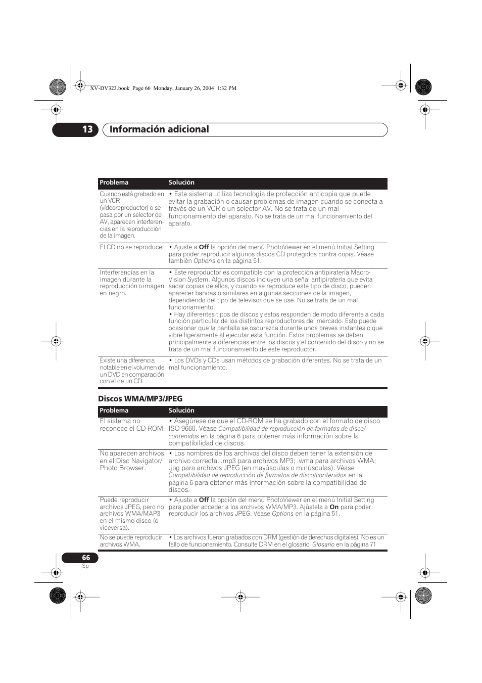 Discos wma/mp3/jpeg, Información adicional 13 | Pioneer DCS-424 User Manual | Page 66 / 74