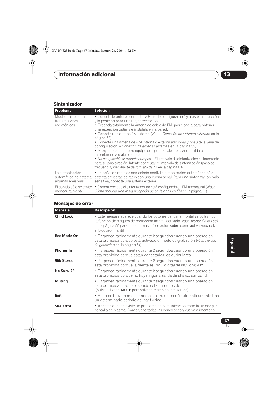 Sintonizador, Mensajes de error, Información adicional 13 | Pioneer DCS-424 User Manual | Page 67 / 74