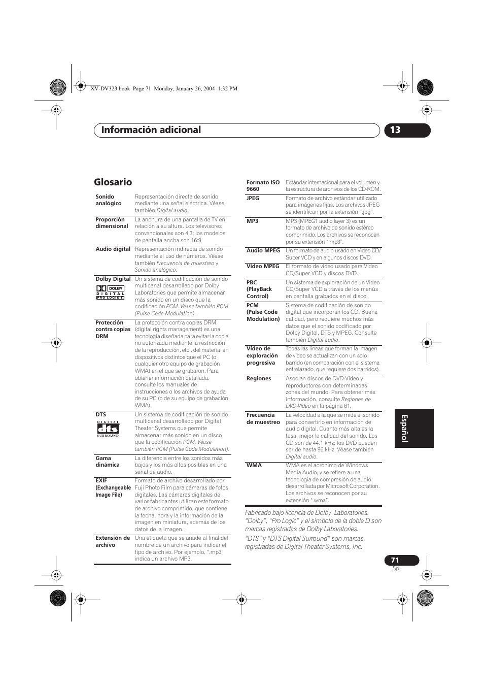 Glosario, Información adicional 13 | Pioneer DCS-424 User Manual | Page 71 / 74