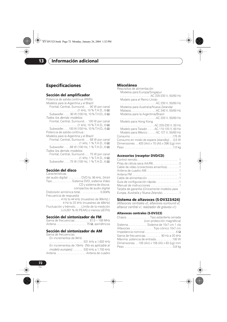 Especificaciones, Información adicional 13 | Pioneer DCS-424 User Manual | Page 72 / 74