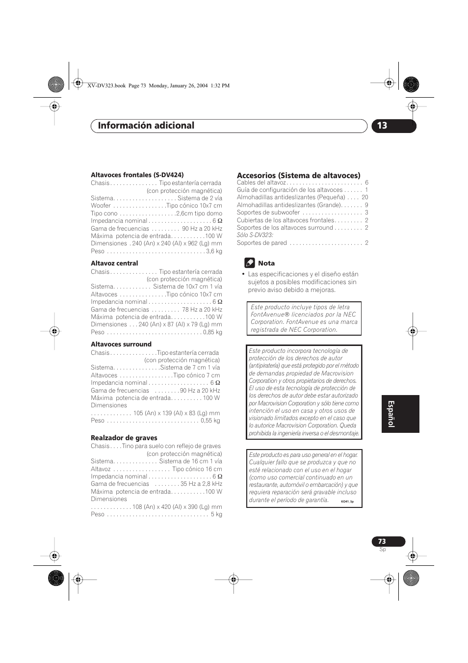 Información adicional 13 | Pioneer DCS-424 User Manual | Page 73 / 74