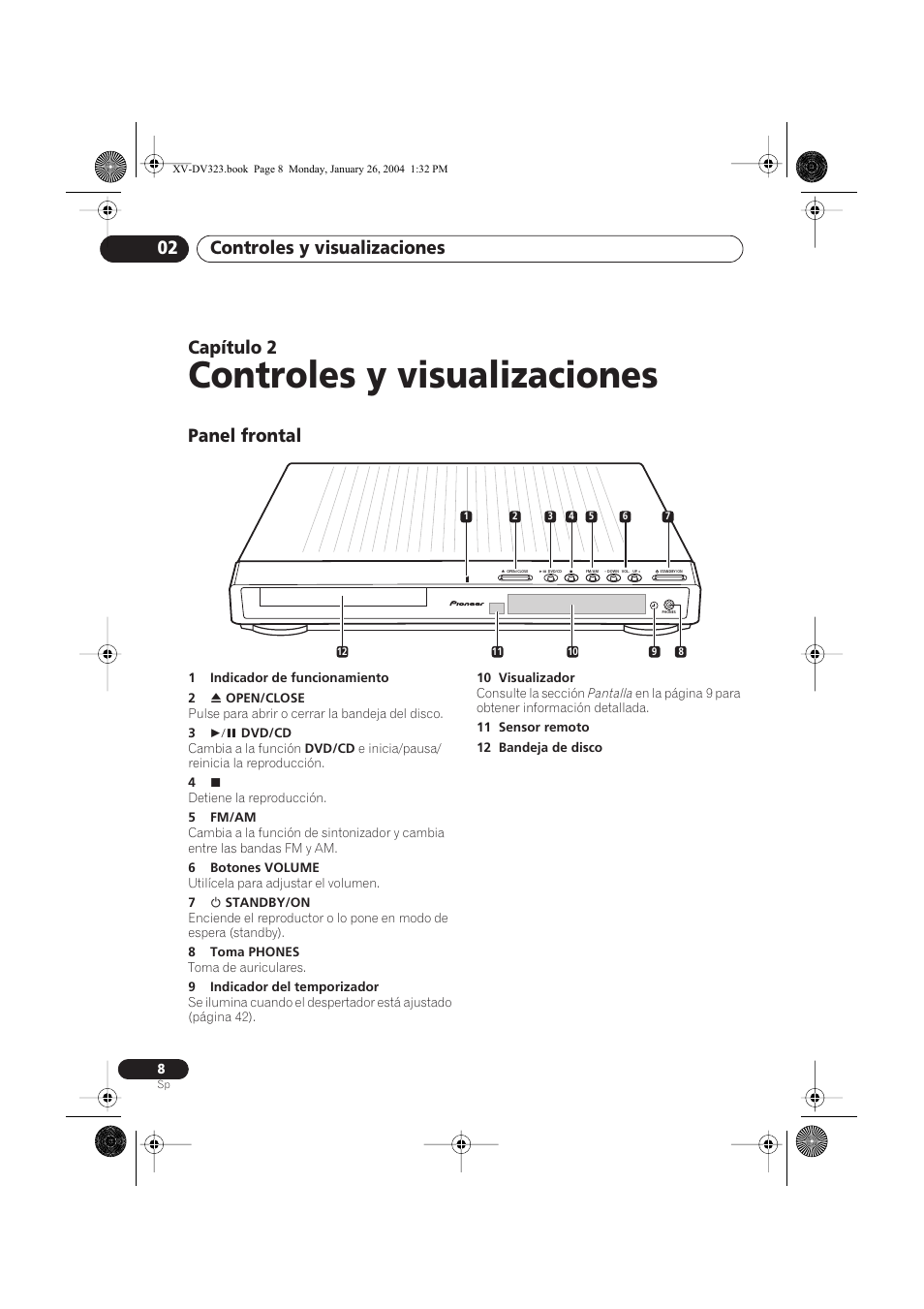 02 controles y visualizaciones, Panel frontal, Controles y visualizaciones | Controles y visualizaciones 02, Capítulo 2 | Pioneer DCS-424 User Manual | Page 8 / 74