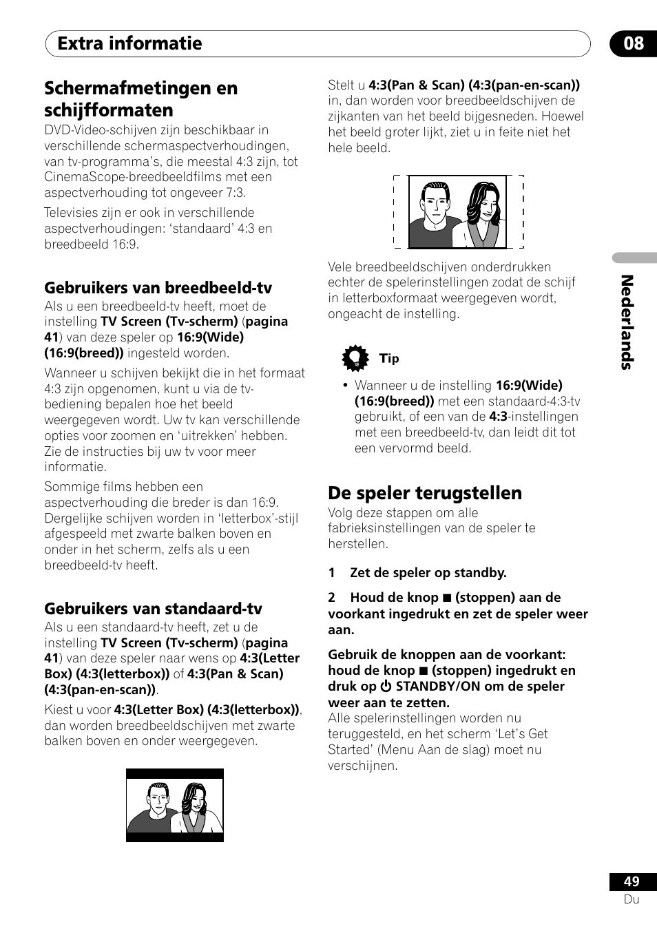 Extra informatie 08, Schermafmetingen en schijfformaten, De speler terugstellen | Pioneer DV-454-S User Manual | Page 103 / 108