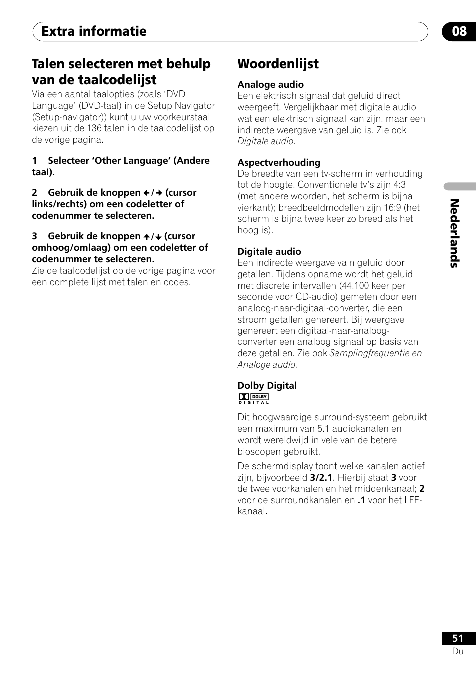 Extra informatie 08, Talen selecteren met behulp van de taalcodelijst, Woordenlijst | Pioneer DV-454-S User Manual | Page 105 / 108