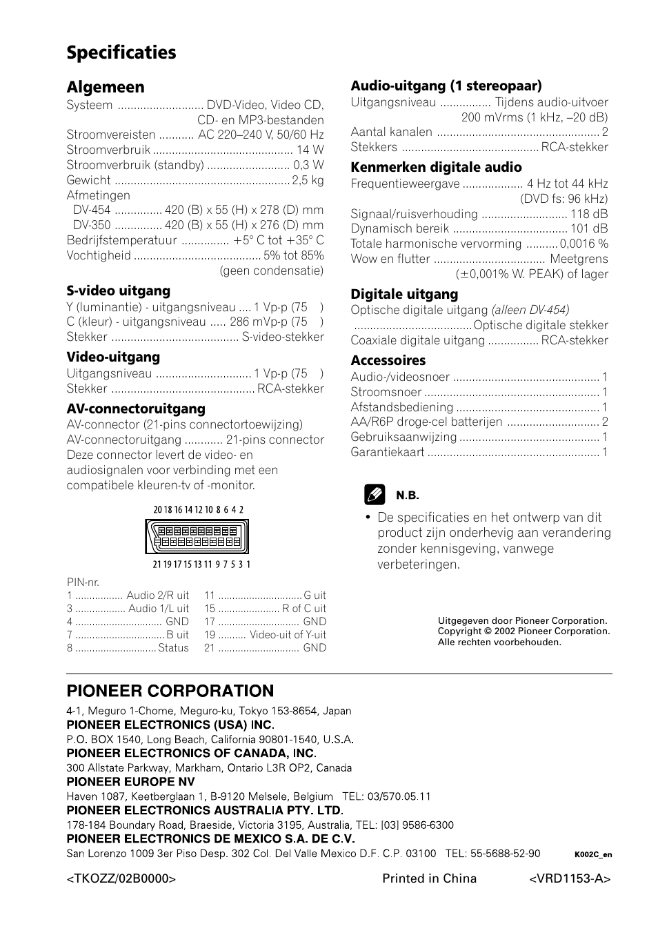 Specificaties, Algemeen | Pioneer DV-454-S User Manual | Page 108 / 108