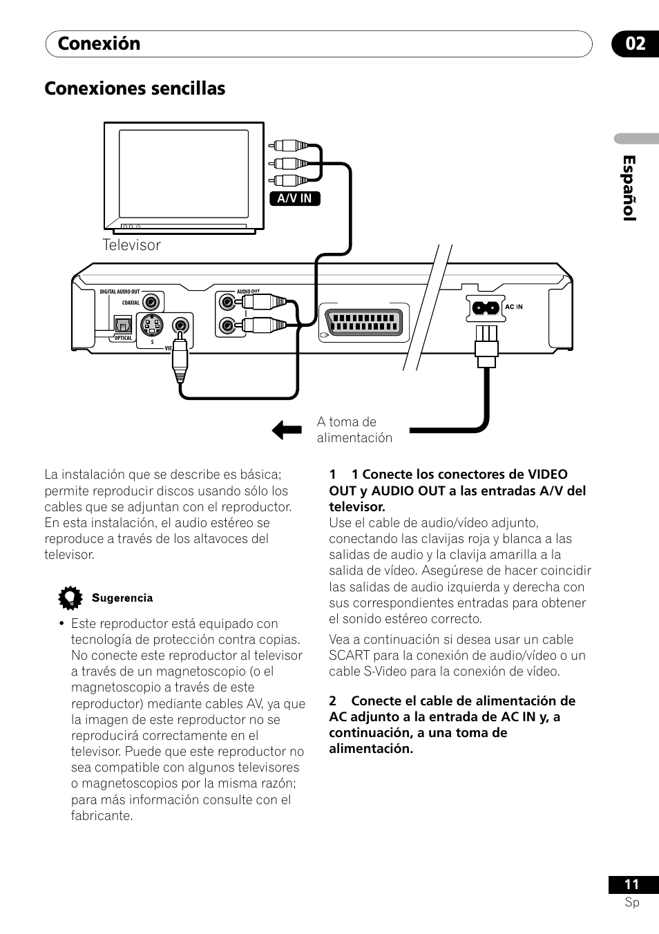 Conexiones sencillas, Conexión 02, Espa ñ ol | Televisor | Pioneer DV-454-S User Manual | Page 11 / 108
