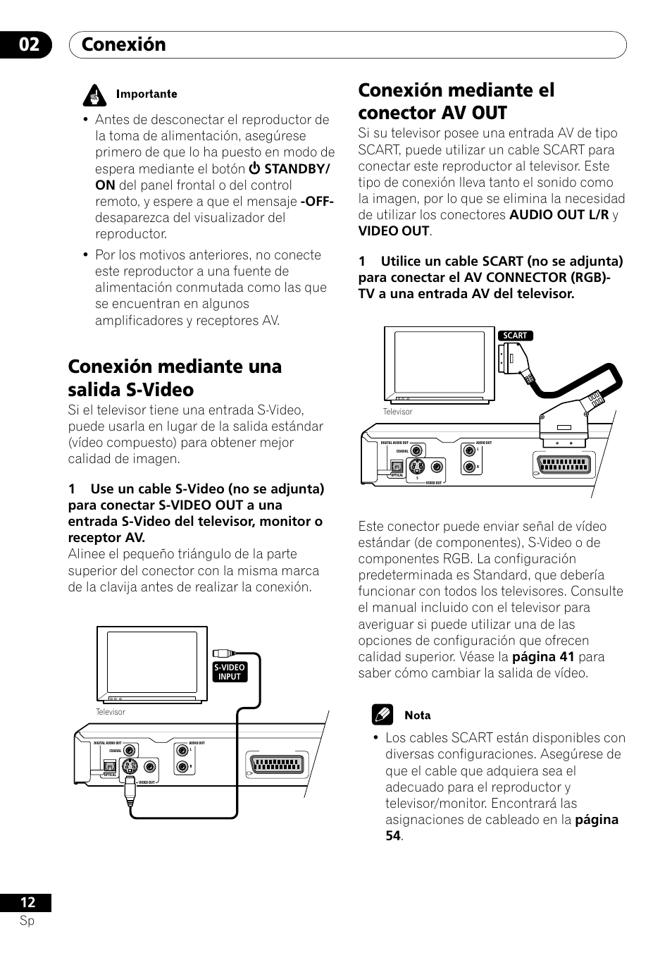 Conexión 02, Conexión mediante una salida s-video, Conexión mediante el conector av out | Pioneer DV-454-S User Manual | Page 12 / 108
