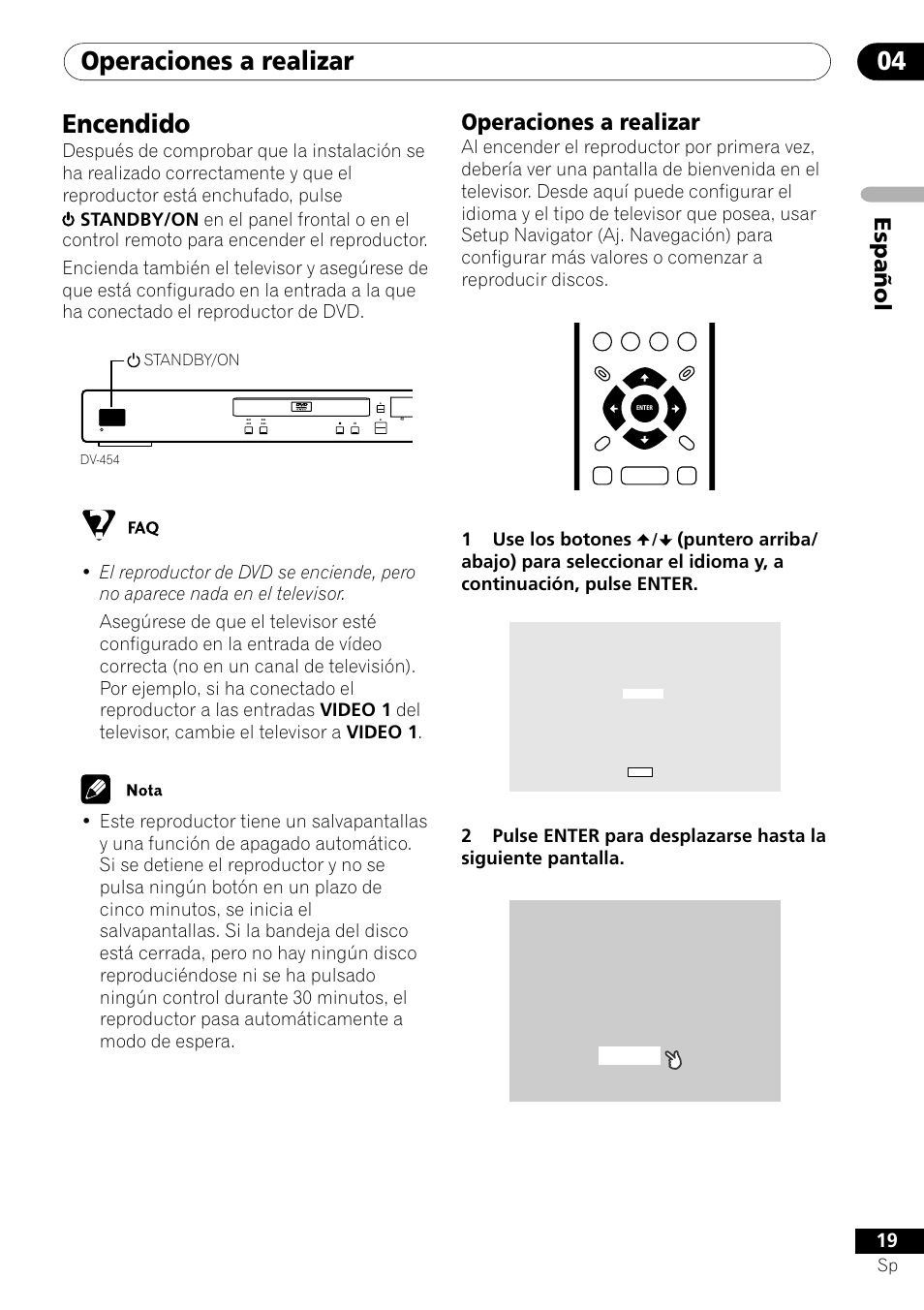 Encendido, Operaciones a realizar, Operaciones a realizar 04 | Español operaciones a realizar, 1use los botones | Pioneer DV-454-S User Manual | Page 19 / 108