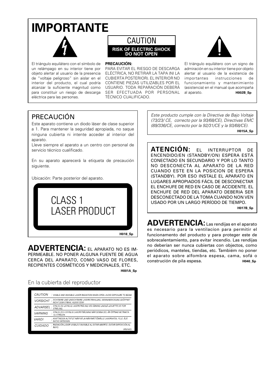 Importante, Class 1 laser product, Caution | Advertencia, Precaución, Atención | Pioneer DV-454-S User Manual | Page 2 / 108