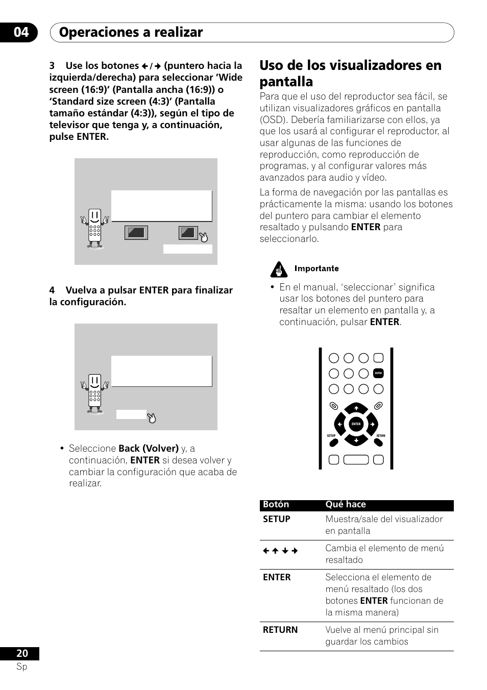 Uso de los visualizadores en pantalla, Operaciones a realizar 04, 3use los botones | Pioneer DV-454-S User Manual | Page 20 / 108