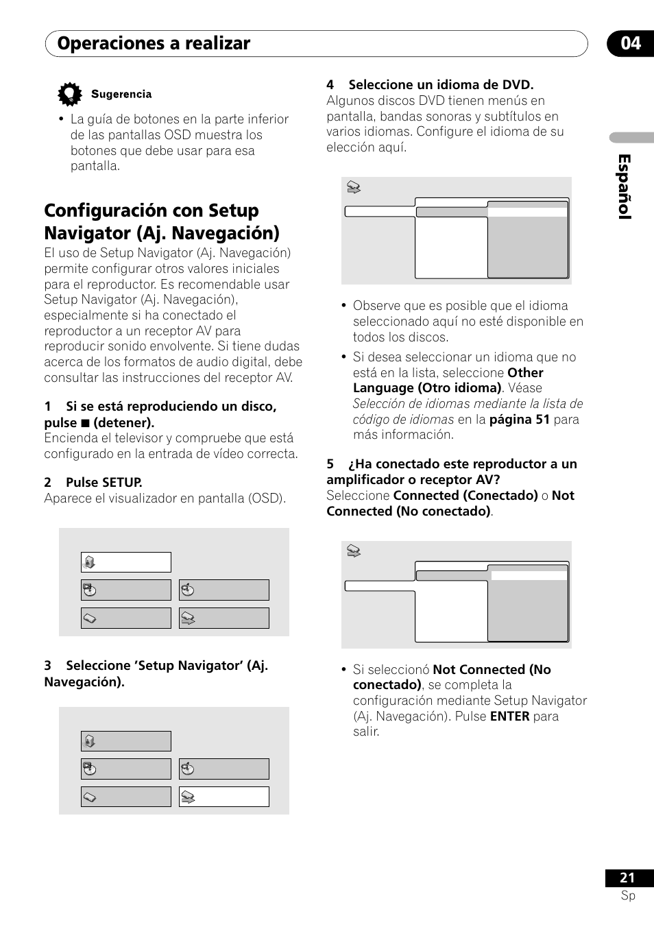 Configuración con setup navigator (aj. navegación), Operaciones a realizar 04, Espa ñ ol | Pioneer DV-454-S User Manual | Page 21 / 108