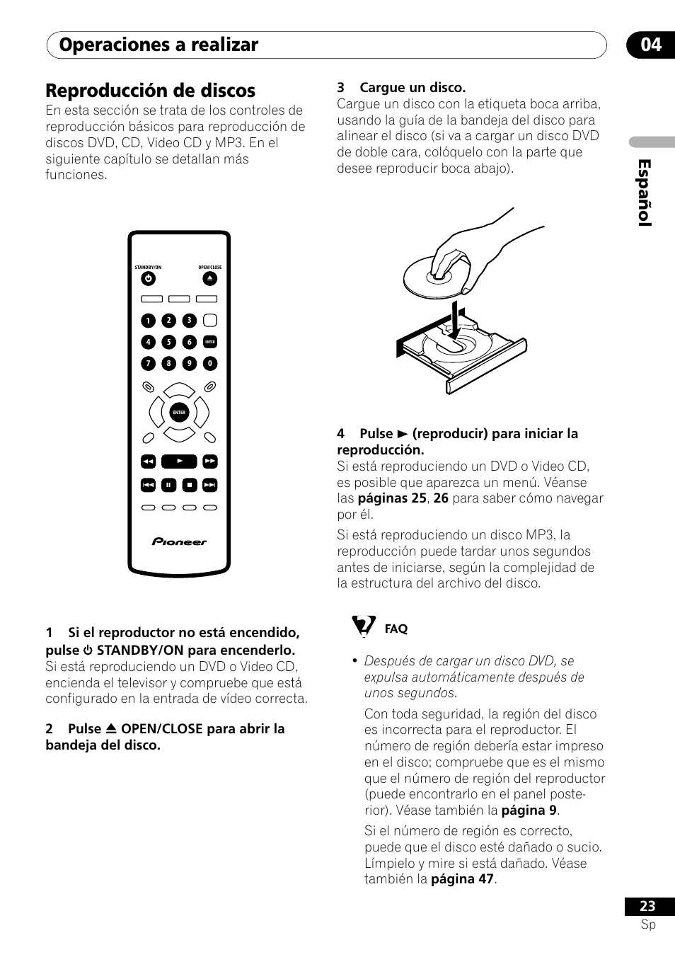 Reproducción de discos, Operaciones a realizar 04, Espa ñ ol | Pioneer DV-454-S User Manual | Page 23 / 108