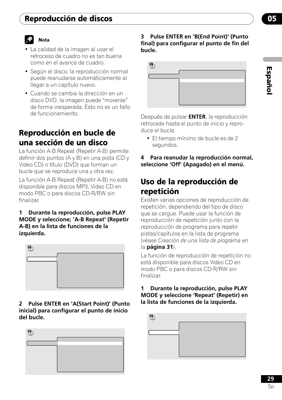 Reproducción de discos 05, Reproducción en bucle de una sección de un disco, Uso de la reproducción de repetición | Espa ñ ol | Pioneer DV-454-S User Manual | Page 29 / 108