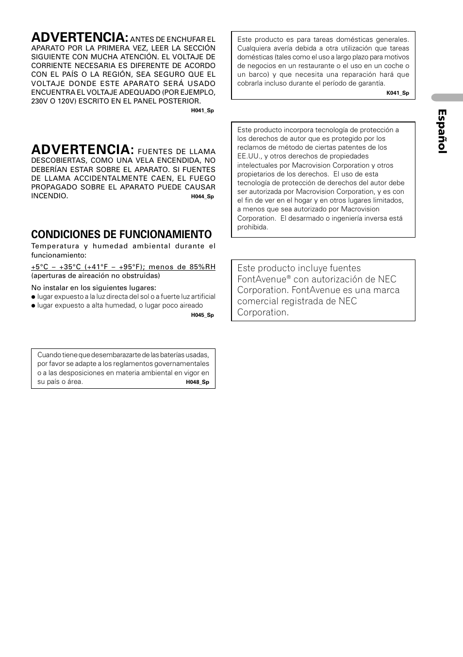 Advertencia, Español, Condiciones de funcionamiento | Este producto incluye fuentes fontavenue | Pioneer DV-454-S User Manual | Page 3 / 108
