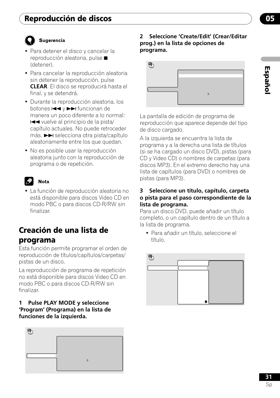 Creación de una lista de programa, Reproducción de discos 05, Espa ñ ol | Pioneer DV-454-S User Manual | Page 31 / 108