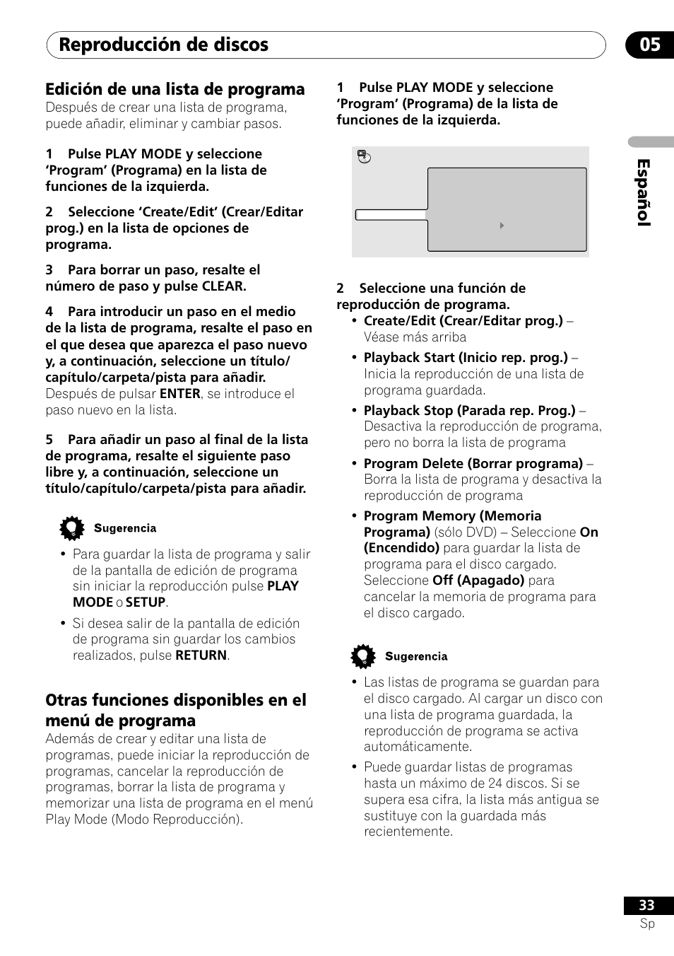 Reproducción de discos 05, Espa ñ ol edición de una lista de programa, Otras funciones disponibles en el menú de programa | Pioneer DV-454-S User Manual | Page 33 / 108