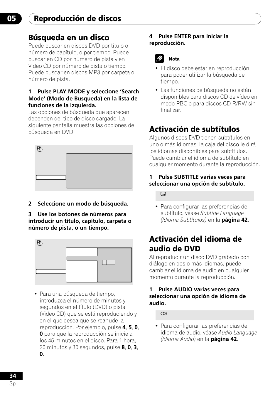 Reproducción de discos 05, Búsqueda en un disco, Activación de subtítulos | Activación del idioma de audio de dvd | Pioneer DV-454-S User Manual | Page 34 / 108