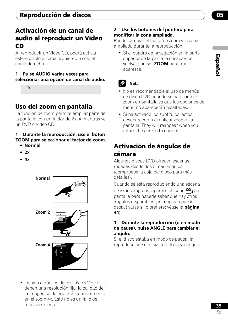 Reproducción de discos 05, Uso del zoom en pantalla, Activación de ángulos de cámara | Espa ñ ol | Pioneer DV-454-S User Manual | Page 35 / 108