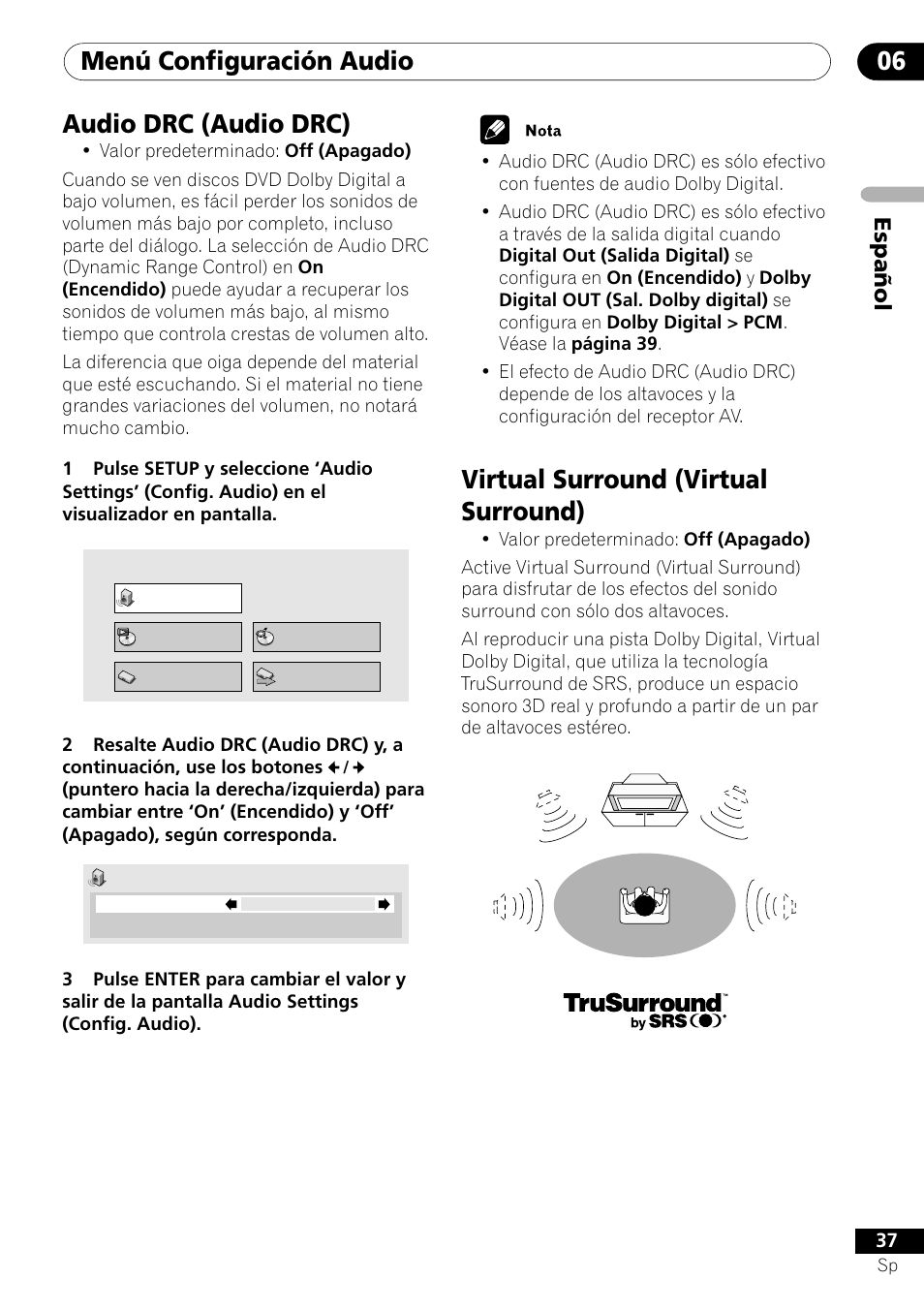 Menú configuración audio 06, Virtual surround (virtual surround), Audio drc (audio drc) | Español | Pioneer DV-454-S User Manual | Page 37 / 108
