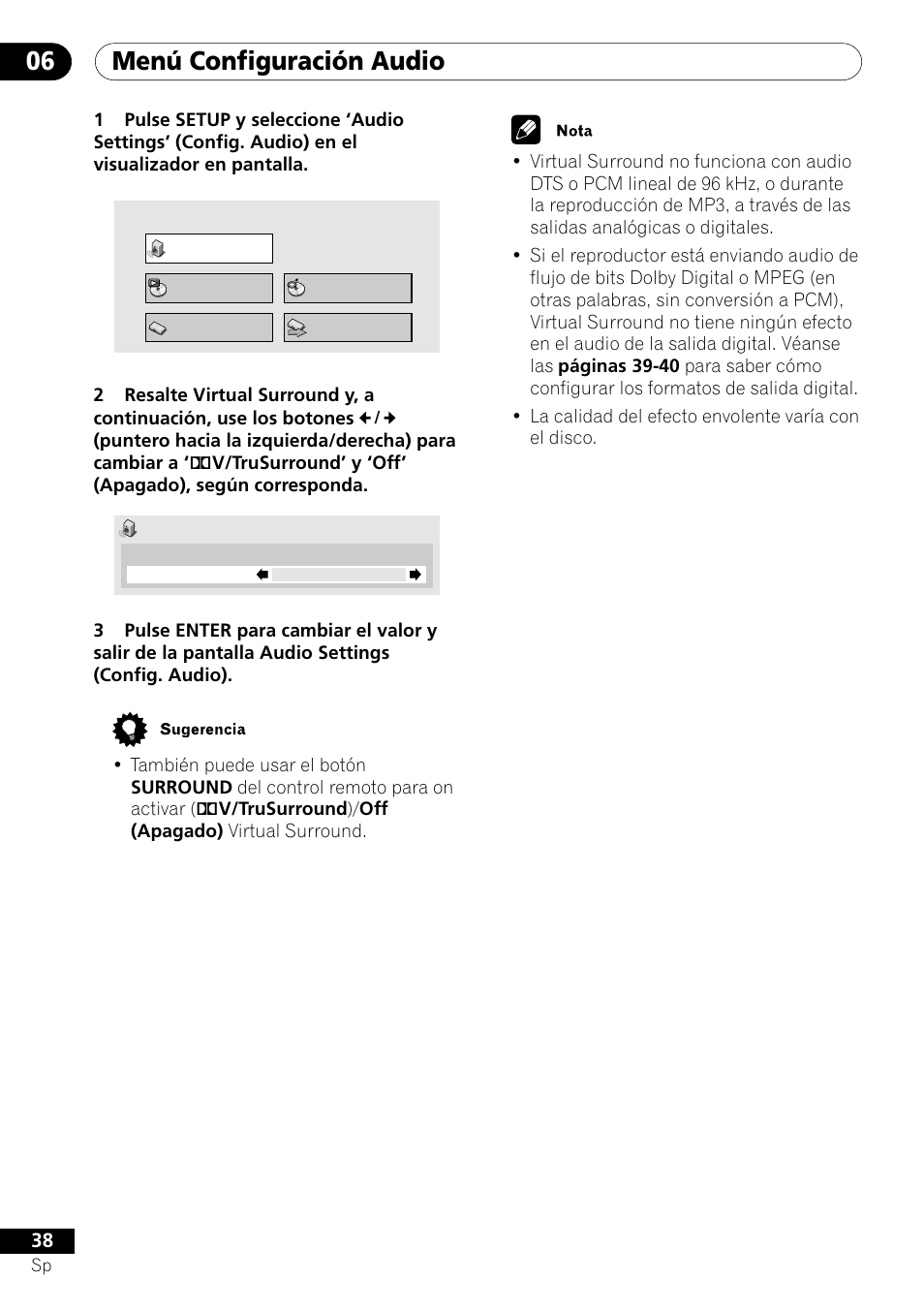 Menú configuración audio 06 | Pioneer DV-454-S User Manual | Page 38 / 108