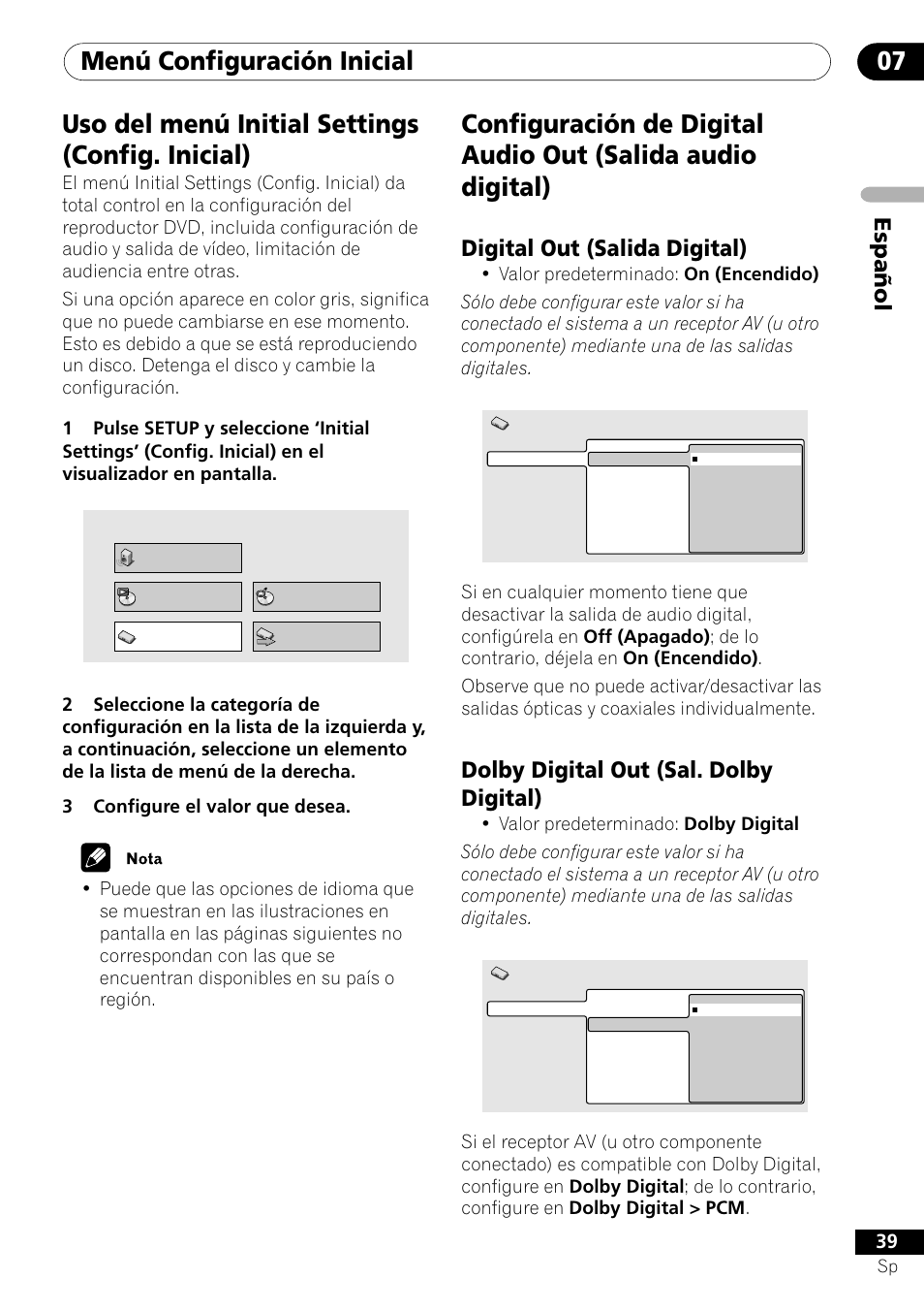 Menú configuración inicial 07, Uso del menú initial settings (config. inicial), Español | Digital out (salida digital), Dolby digital out (sal. dolby digital) | Pioneer DV-454-S User Manual | Page 39 / 108