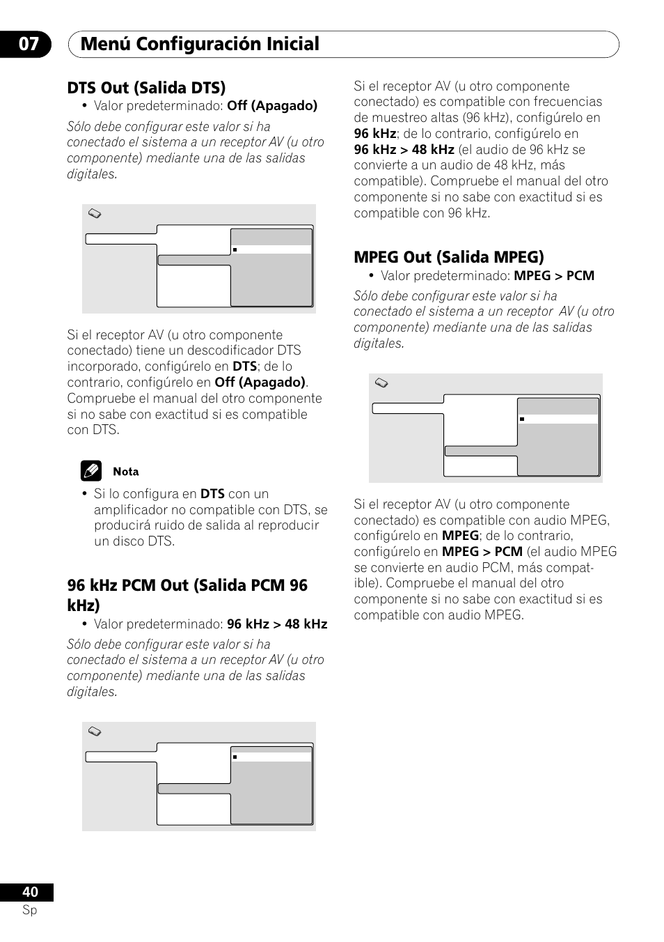Menú configuración inicial 07, Mpeg out (salida mpeg), Dts out (salida dts) | 96 khz pcm out (salida pcm 96 khz) | Pioneer DV-454-S User Manual | Page 40 / 108