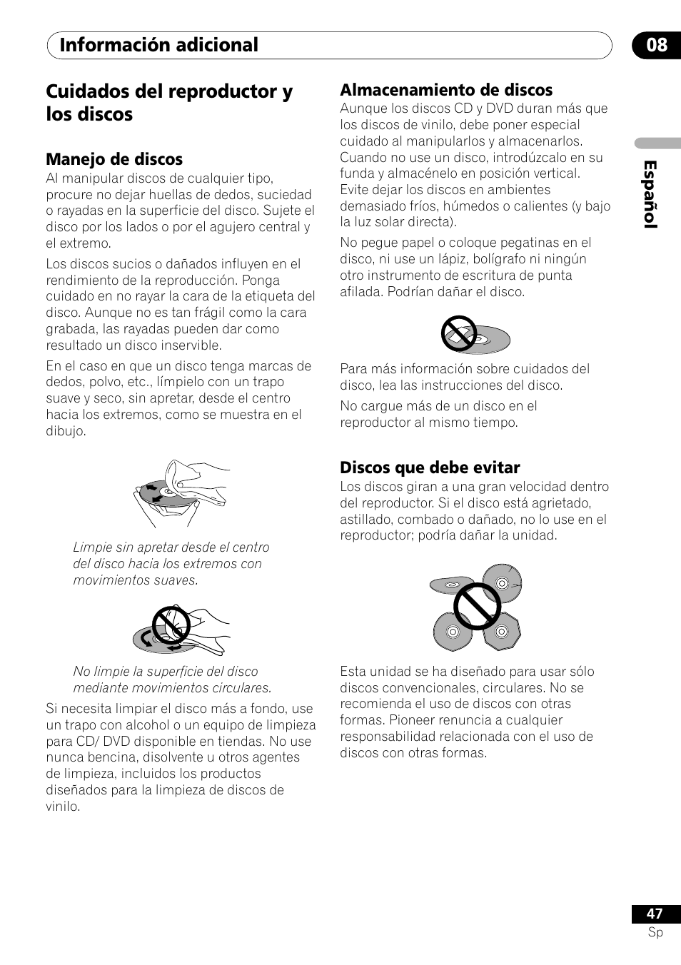 Cuidados del reproductor y los discos, Información adicional 08 | Pioneer DV-454-S User Manual | Page 47 / 108