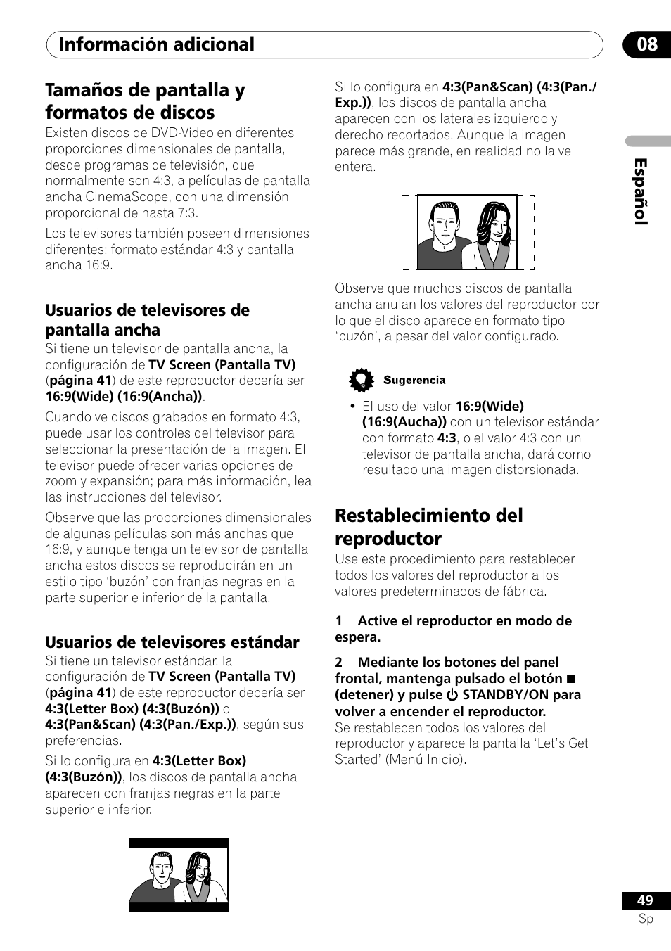 Tamaños de pantalla y formatos de discos, Restablecimiento del reproductor, Información adicional 08 | Pioneer DV-454-S User Manual | Page 49 / 108