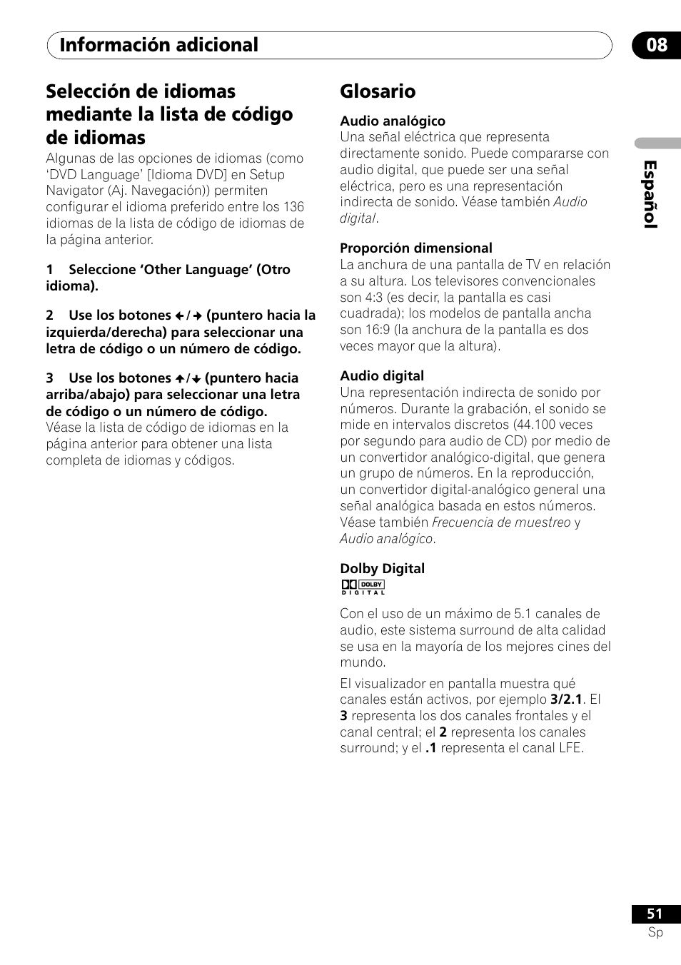 Información adicional 08, Glosario | Pioneer DV-454-S User Manual | Page 51 / 108