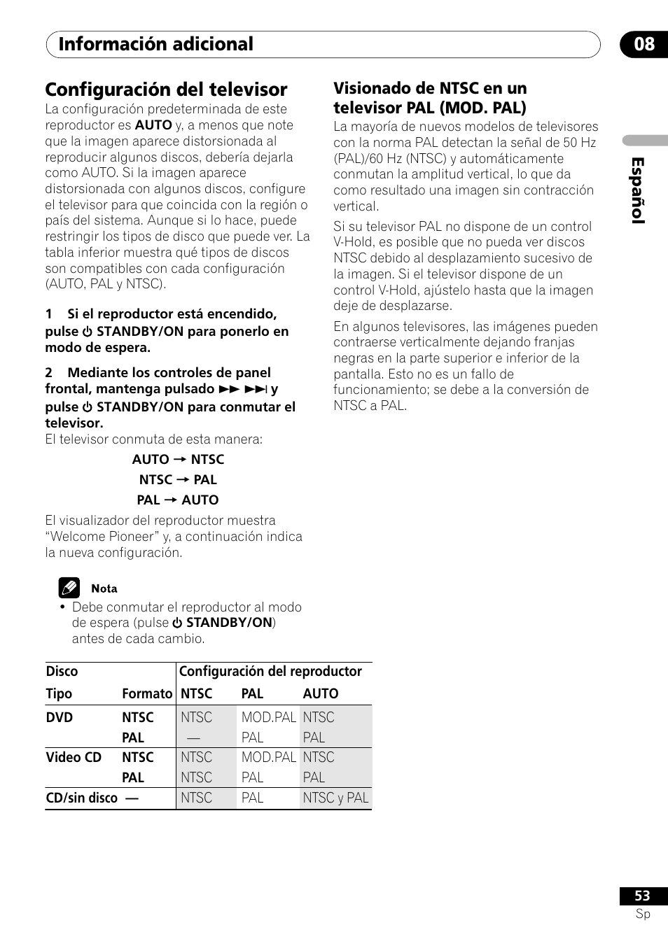 Configuración del televisor, Visionado de ntsc en un televisor pal (mod. pal), Información adicional 08 | Pioneer DV-454-S User Manual | Page 53 / 108