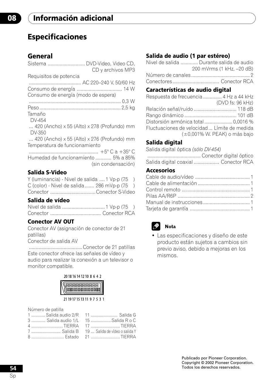 Especificaciones, Información adicional 08, General | Pioneer DV-454-S User Manual | Page 54 / 108