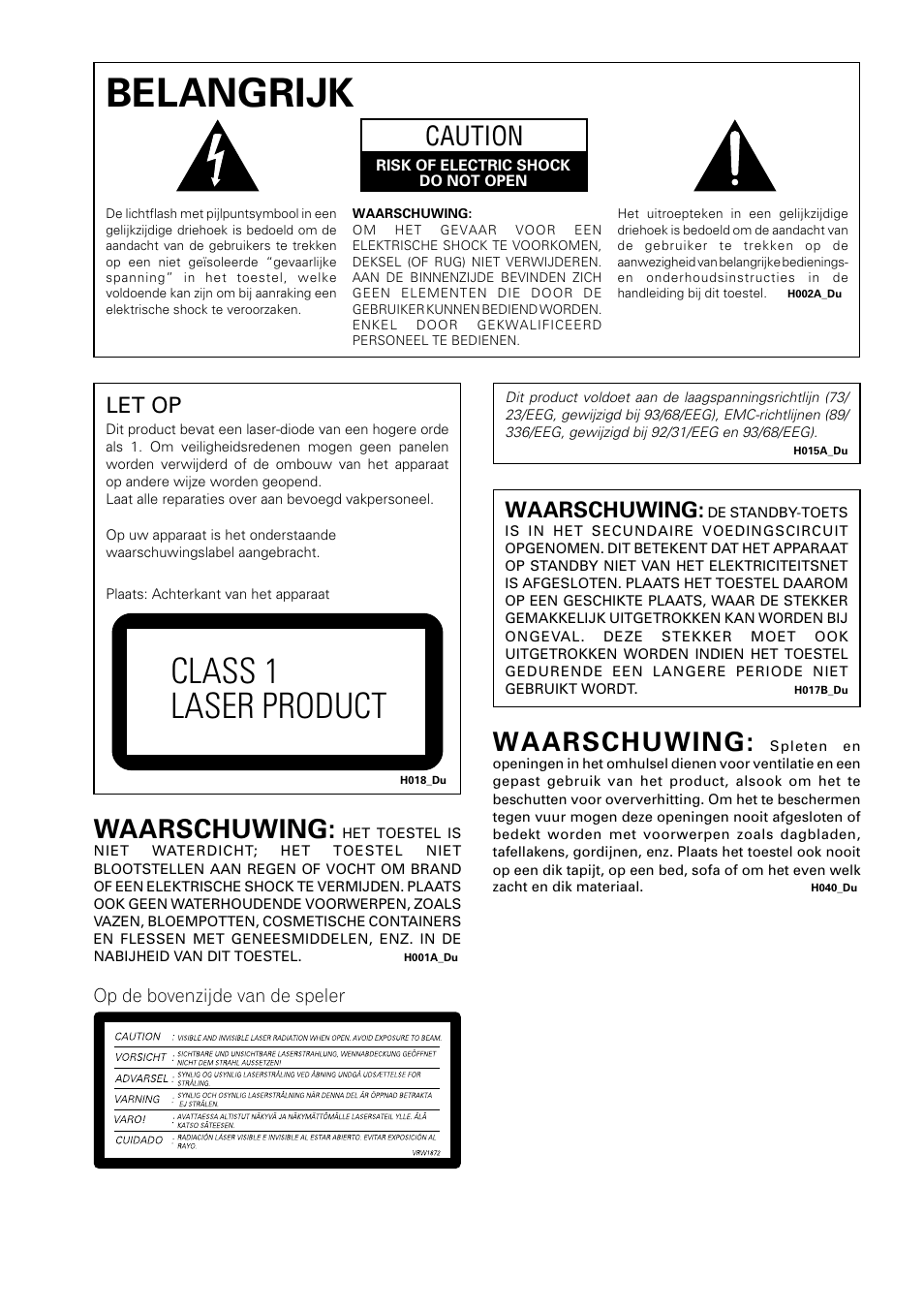 Belangrijk, Class 1 laser product, Caution | Waarschuwing, Let op | Pioneer DV-454-S User Manual | Page 56 / 108