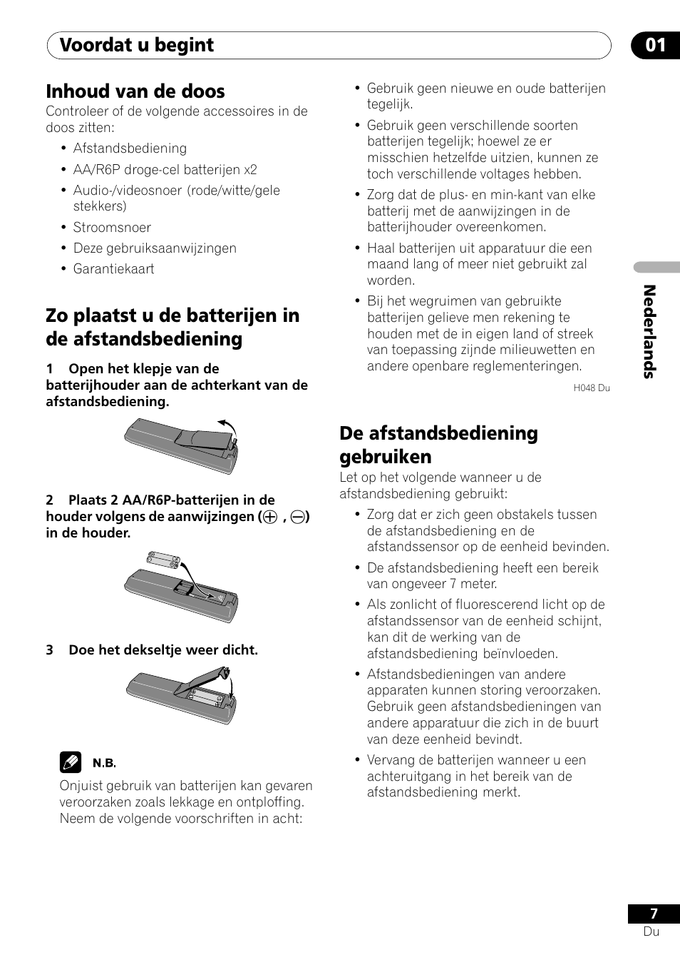 Voordat u begint 01, De afstandsbediening gebruiken, Inhoud van de doos | Zo plaatst u de batterijen in de afstandsbediening | Pioneer DV-454-S User Manual | Page 61 / 108