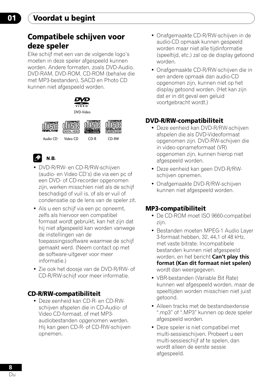 Voordat u begint 01, Compatibele schijven voor deze speler | Pioneer DV-454-S User Manual | Page 62 / 108