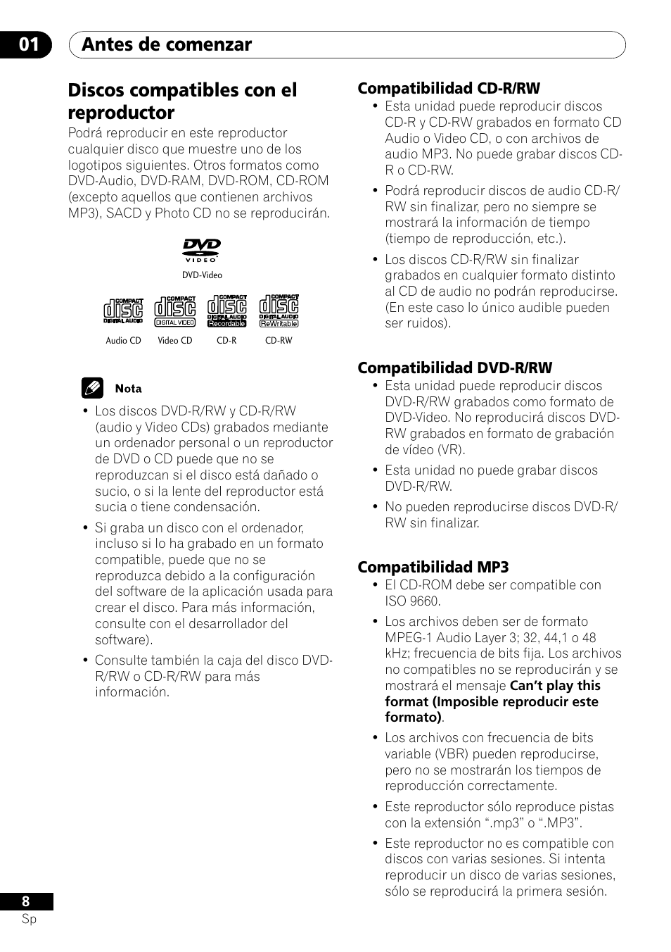 Discos compatibles con el reproductor, Antes de comenzar 01 | Pioneer DV-454-S User Manual | Page 8 / 108