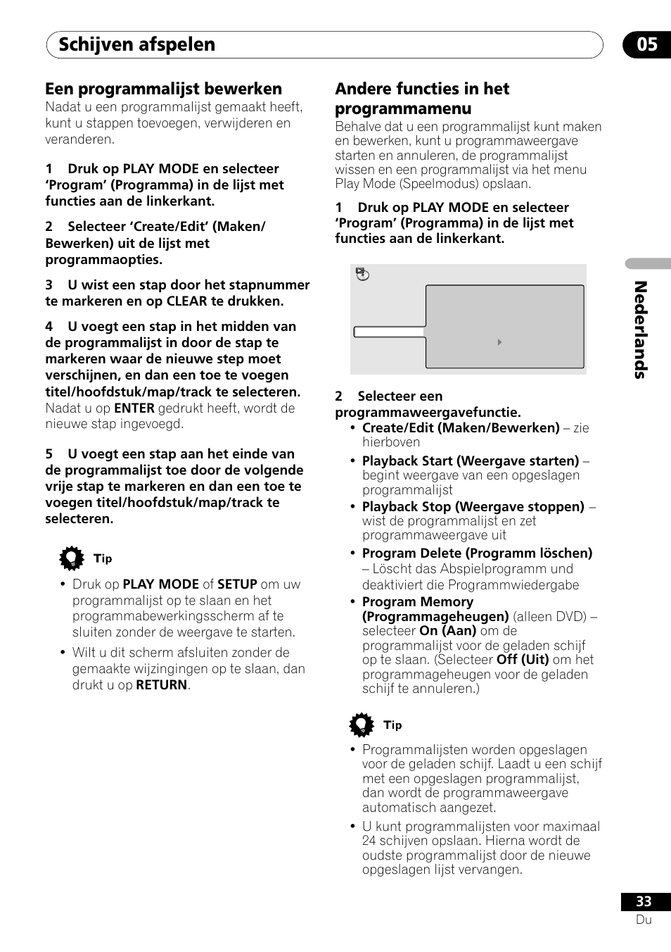 Schijven afspelen 05, Nederlands een programmalijst bewerken, Andere functies in het programmamenu | Pioneer DV-454-S User Manual | Page 87 / 108