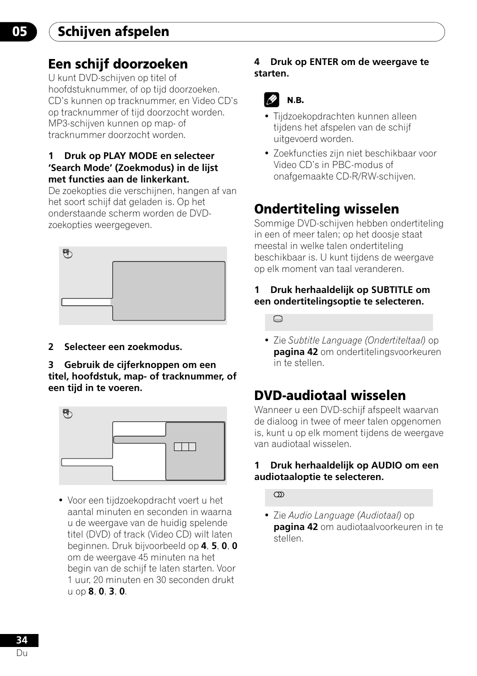 Schijven afspelen 05, Een schijf doorzoeken, Ondertiteling wisselen | Dvd-audiotaal wisselen | Pioneer DV-454-S User Manual | Page 88 / 108