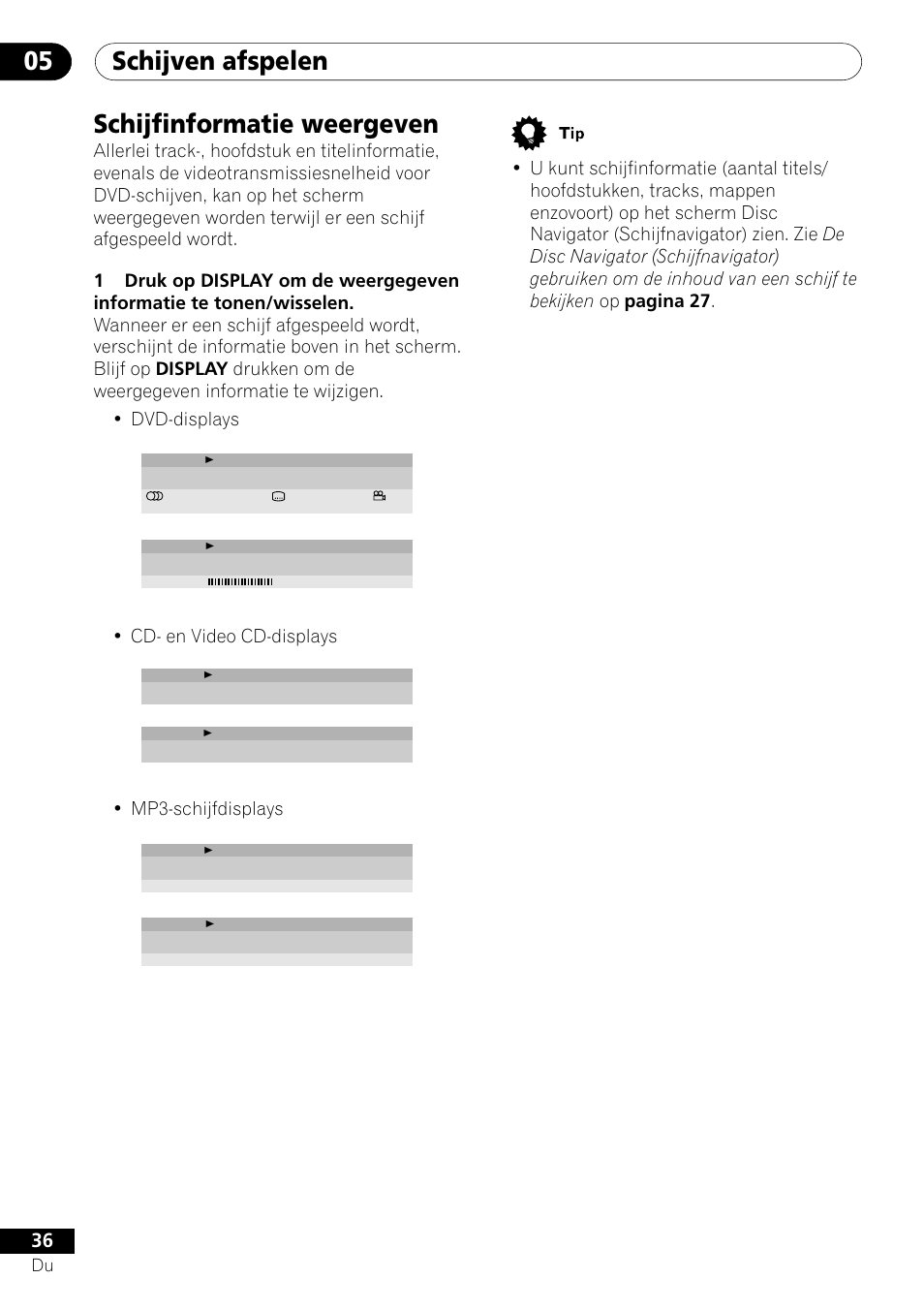 Schijven afspelen 05, Schijfinformatie weergeven, Cd- en video cd-displays | Mp3-schijfdisplays | Pioneer DV-454-S User Manual | Page 90 / 108