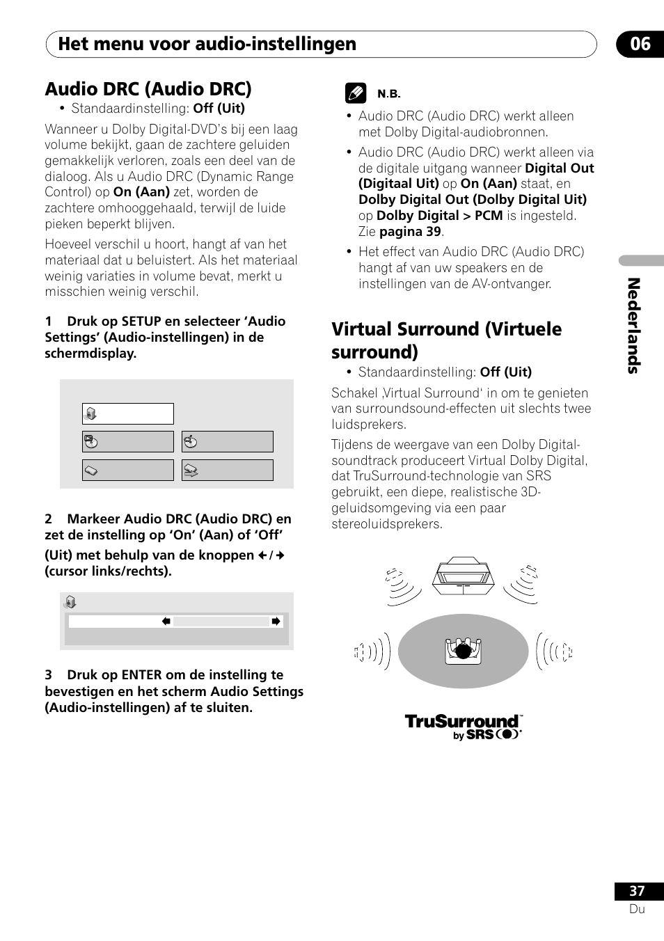 Het menu voor audio-instellingen 06, Virtual surround (virtuele surround), Audio drc (audio drc) | Nederlands | Pioneer DV-454-S User Manual | Page 91 / 108