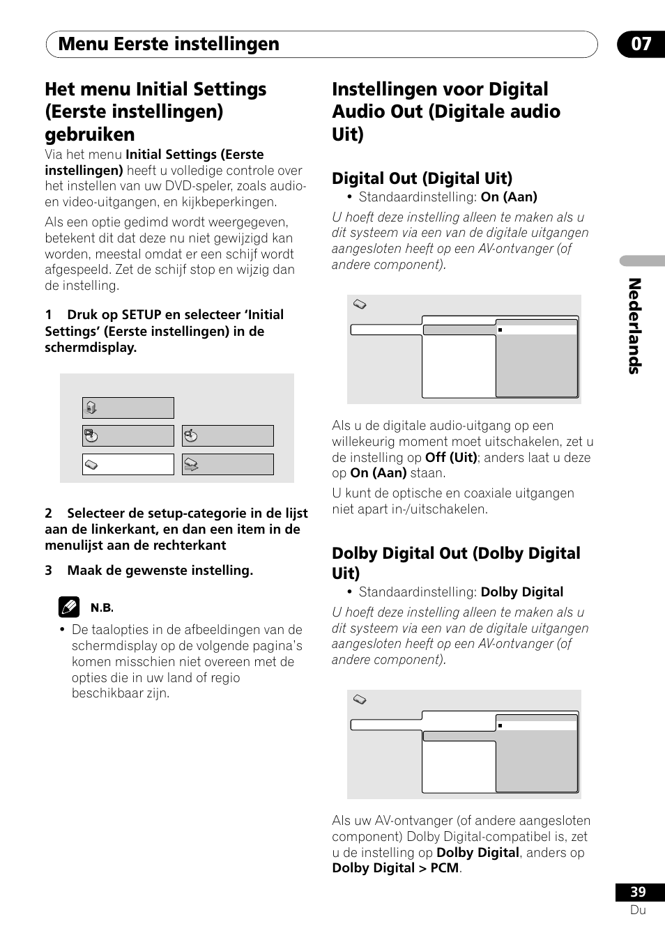 Menu eerste instellingen 07, Nederlands, Digital out (digital uit) | Dolby digital out (dolby digital uit) | Pioneer DV-454-S User Manual | Page 93 / 108