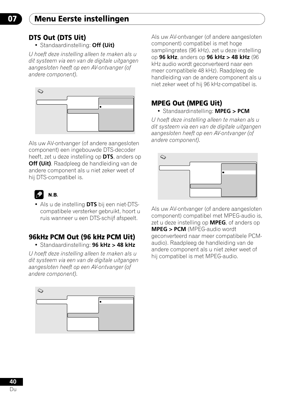 Menu eerste instellingen 07, Mpeg out (mpeg uit), Dts out (dts uit) | 96khz pcm out (96 khz pcm uit) | Pioneer DV-454-S User Manual | Page 94 / 108