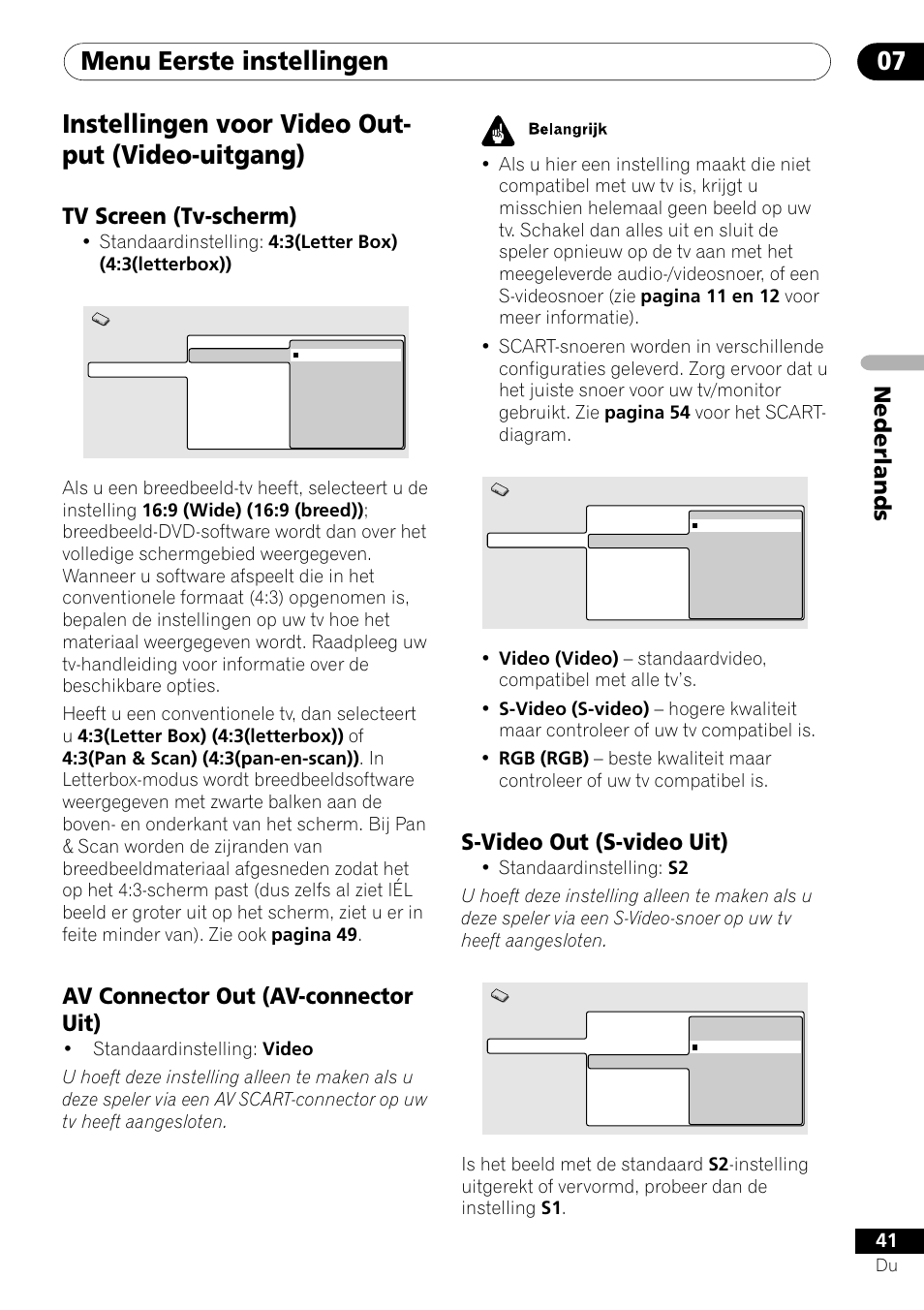 Menu eerste instellingen 07, Instellingen voor video out- put (video-uitgang), Nederlands | S-video out (s-video uit), Tv screen (tv-scherm), Av connector out (av-connector uit) | Pioneer DV-454-S User Manual | Page 95 / 108