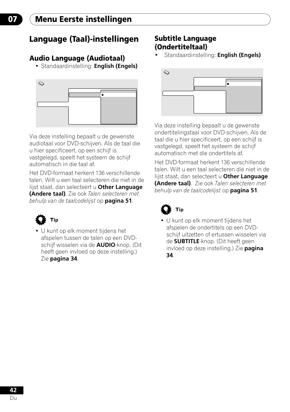 Menu eerste instellingen 07, Language (taal)-instellingen, Subtitle language (ondertiteltaal) | Audio language (audiotaal), Standaardinstelling: english (engels) | Pioneer DV-454-S User Manual | Page 96 / 108