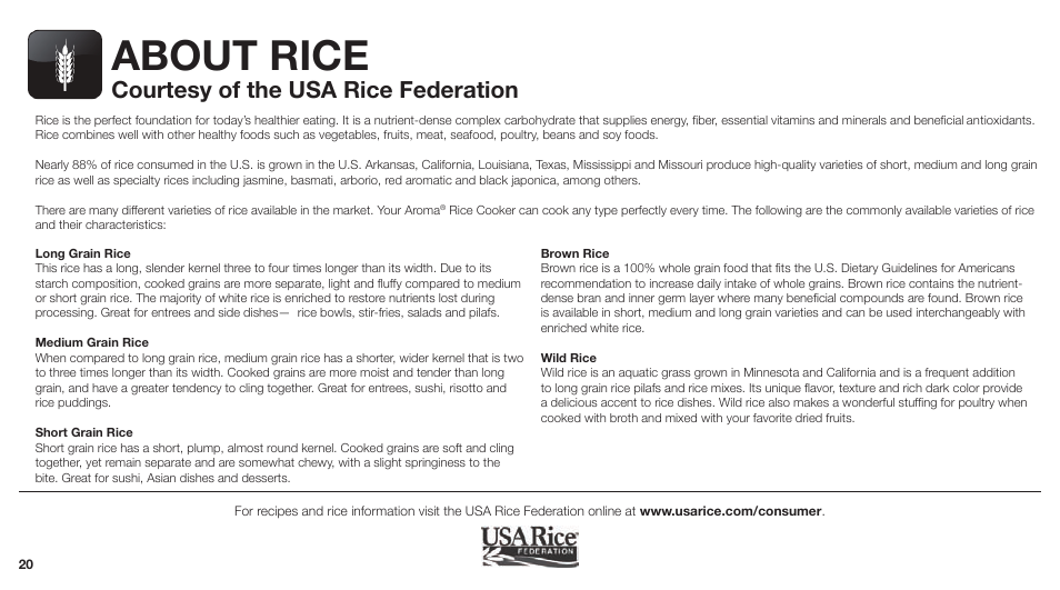 About rice, Courtesy of the usa rice federation | Aroma ARC-743-1NGR User Manual | Page 22 / 27