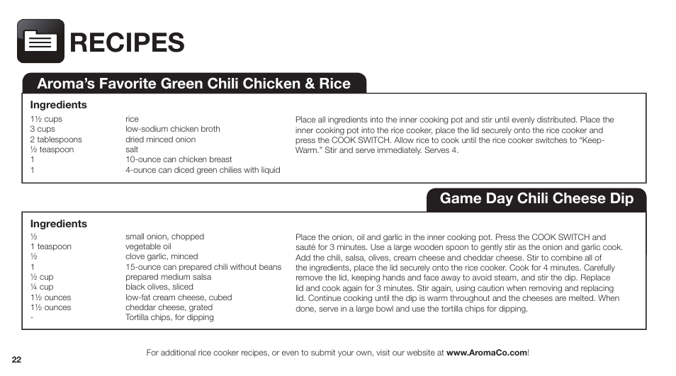 Recipes, Game day chili cheese dip, Aroma’s favorite green chili chicken & rice | Aroma ARC-743-1NGR User Manual | Page 24 / 27