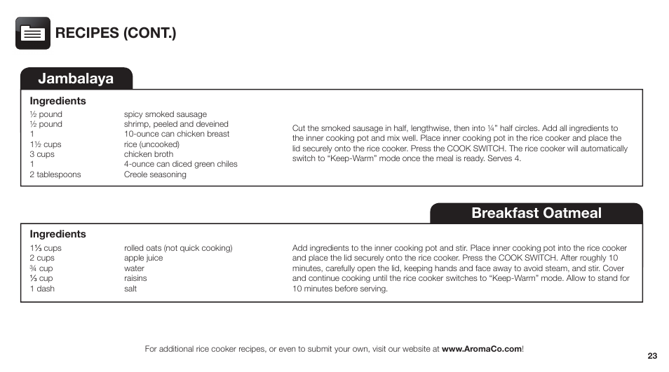 Jambalaya, Breakfast oatmeal, Recipes (cont.) | Aroma ARC-743-1NGR User Manual | Page 25 / 27