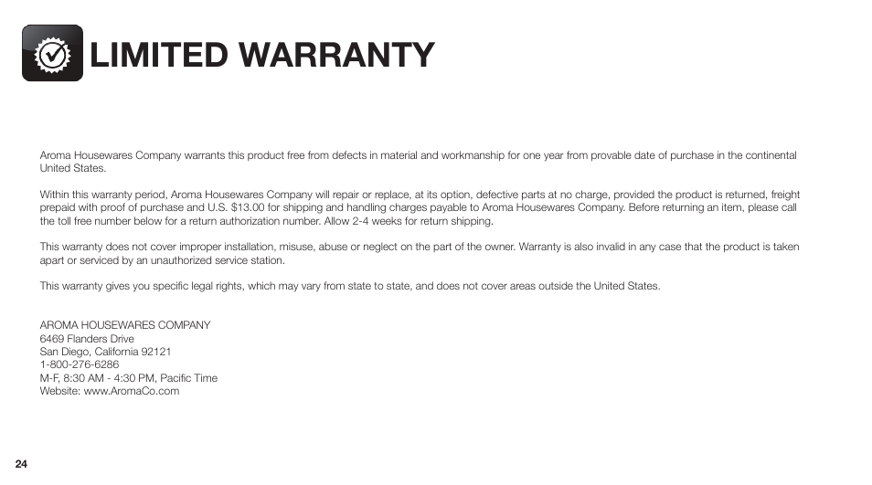 Limited warranty | Aroma ARC-743-1NGR User Manual | Page 26 / 27