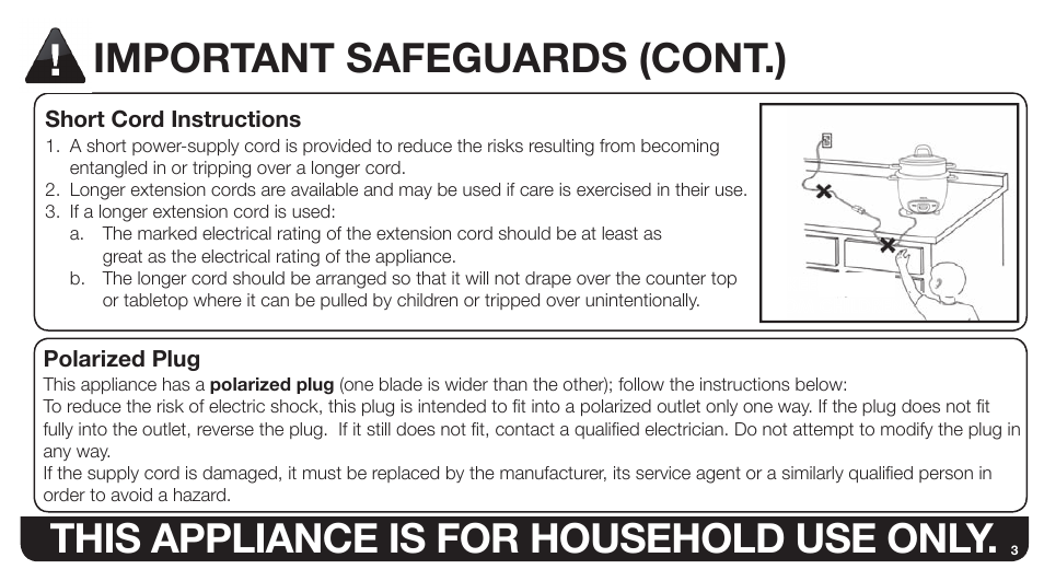 Important safeguards (cont.), This appliance is for household use only | Aroma ARC-743-1NGR User Manual | Page 5 / 27