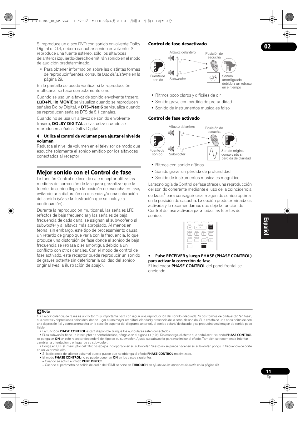 Mejor sonido con el control de fase, Control de fase desactivado, Control de fase activado | Pioneer VSX-1018AH-K User Manual | Page 11 / 96